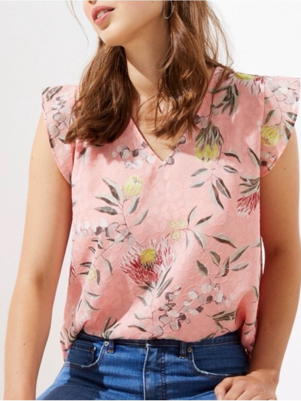 LOFT Pink Floral V-Neck Flutter Sleeve Blouse